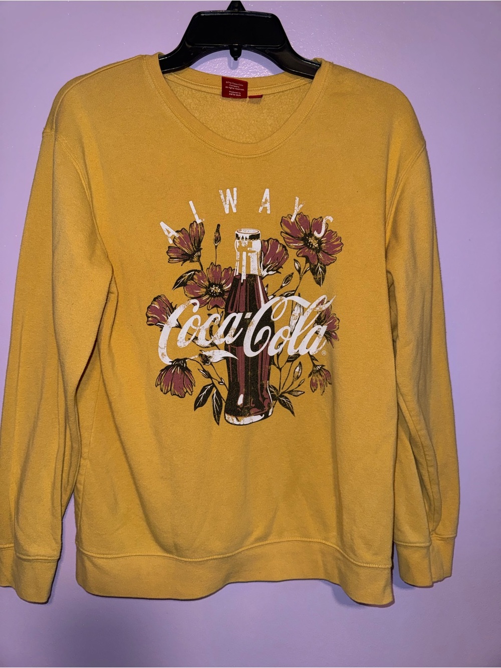 Coca Cola Women's Yellow Crewneck Sweatshirt with Floral Bottle Graphic